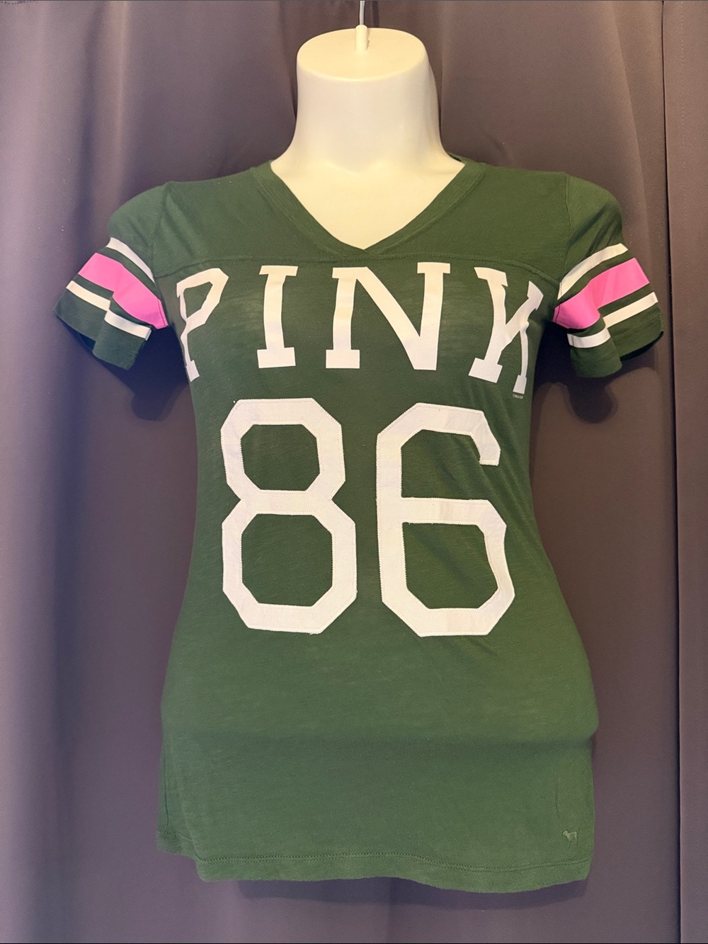 *VINTAGE* PINK Victoria's Secret Olive Green V‑Neck Tee with Pink Sleeve Stripes